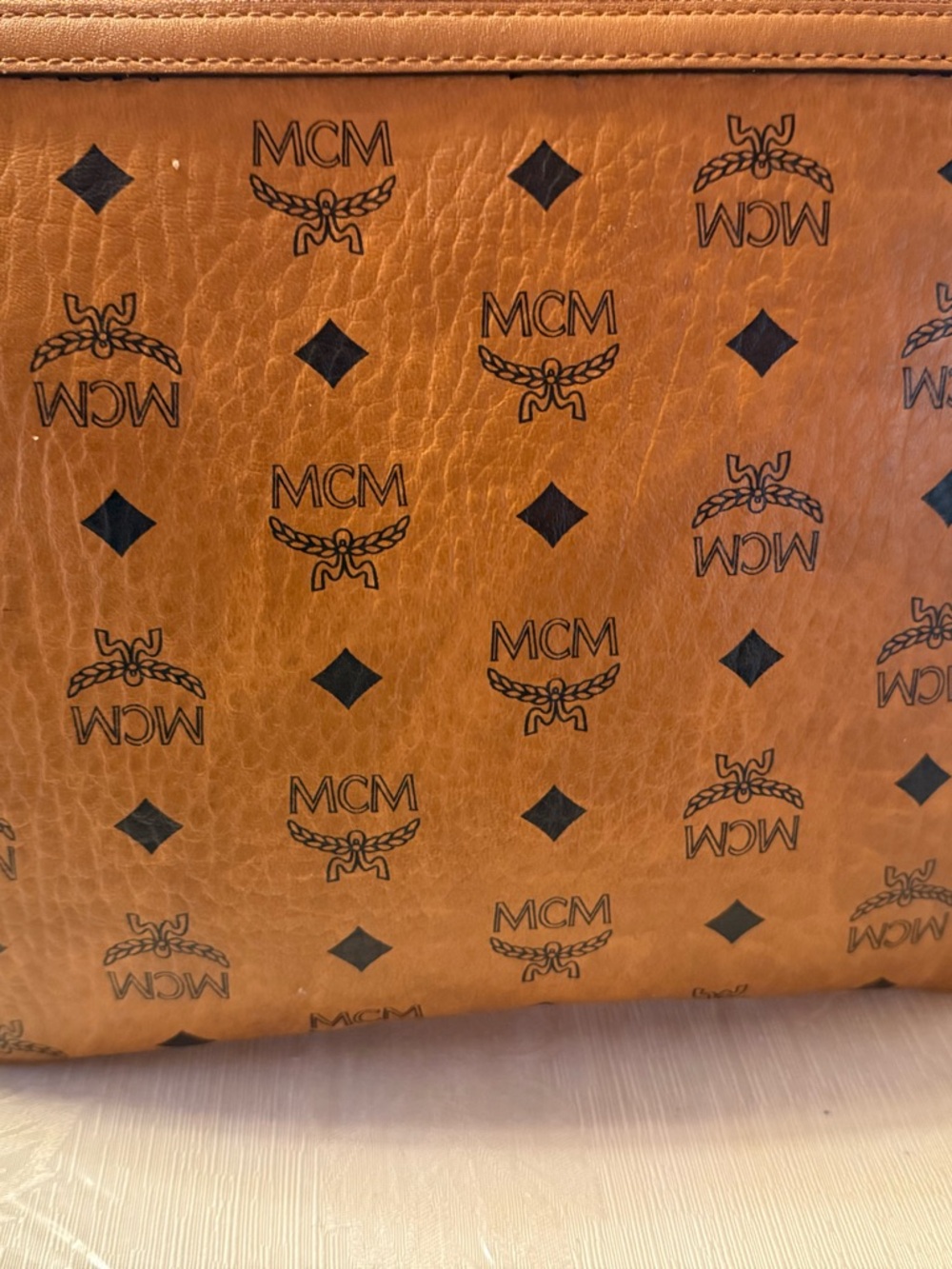MCM Multicolor Geometric Lined Pouch with Cognac Trim